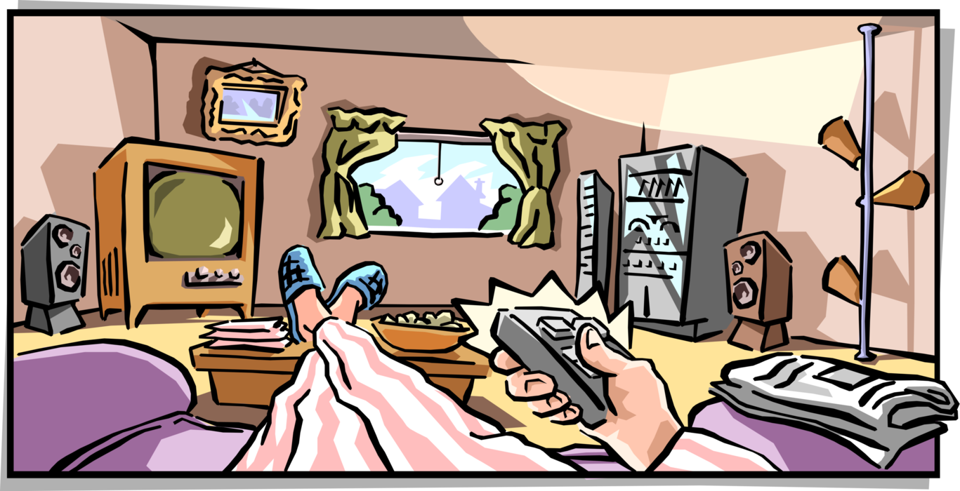 Vector Illustration of Relaxing at Home in the Living Room with Remote Control