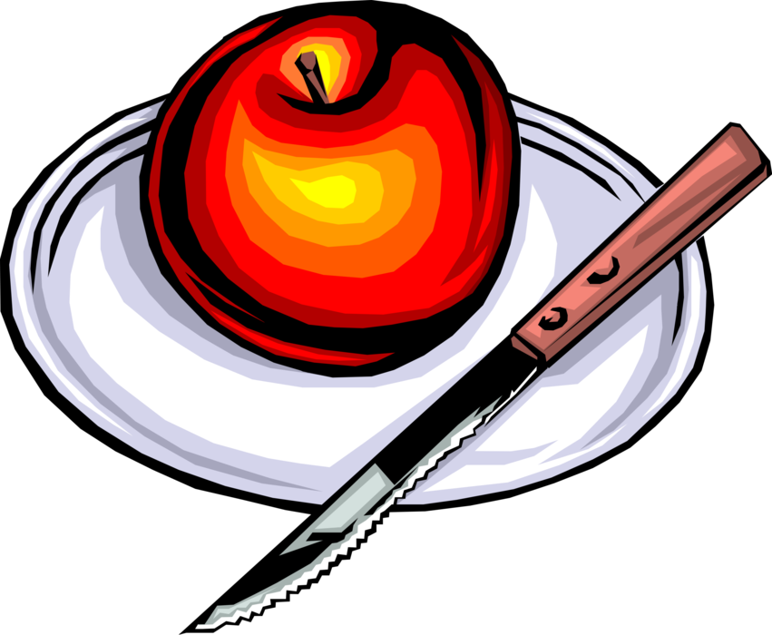 Vector Illustration of Red Apple Fruit on Plate with Knife