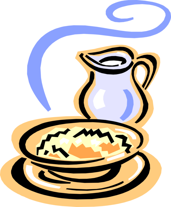 Vector Illustration of Hot Breakfast Porridge Cereal with Milk Jug