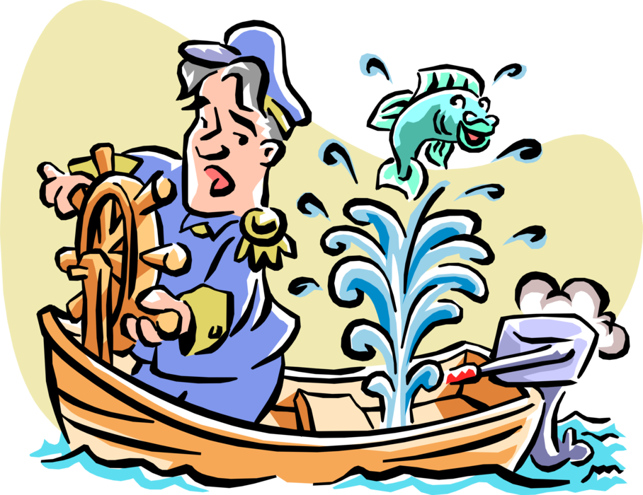 Vector Illustration of Small Ship's Captain Steers Helm Wheel as Boat Springs Leak