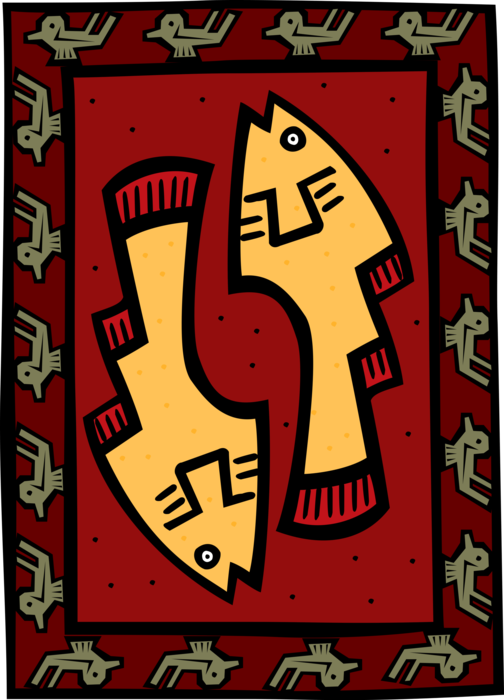 Vector Illustration of Native American Folk Art with Fish Symbols