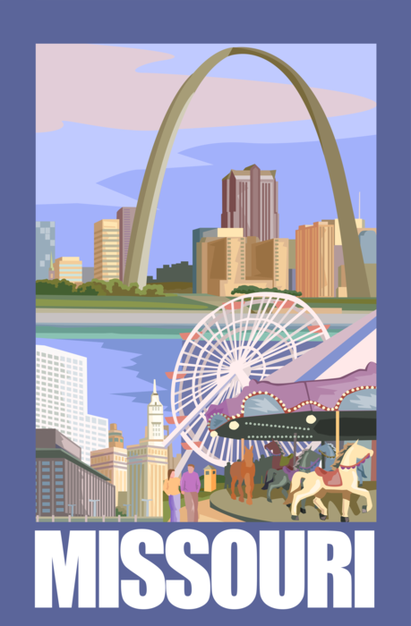Vector Illustration of State of Missouri Postcard Design with Gateway Arch Monument in St. Louis