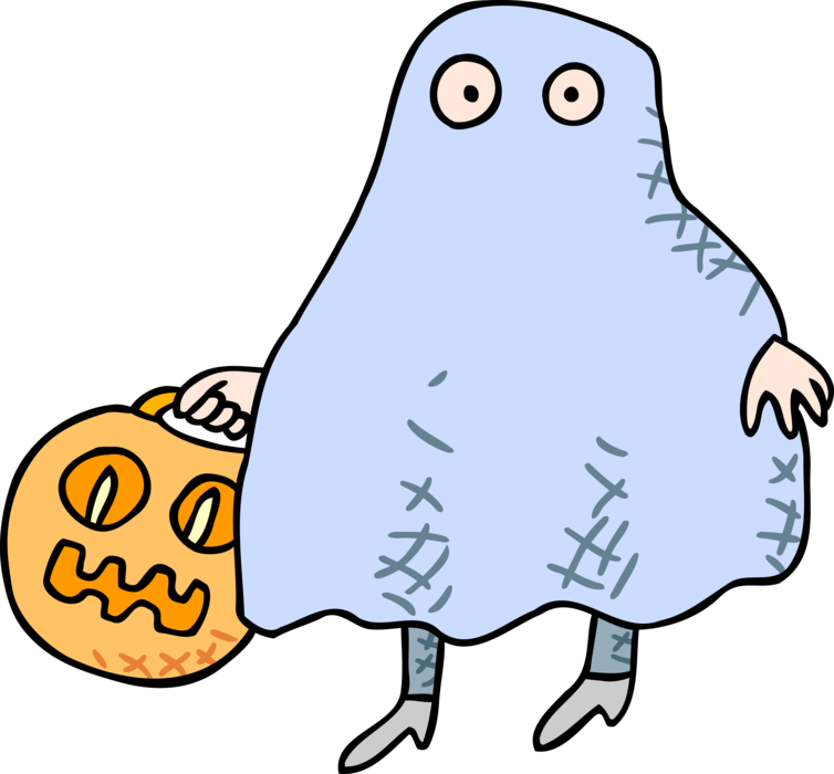 Vector Illustration of Halloween Goblin Ghost Phantom, Apparition, Spirit, Spook with Pumpkin Loot Bag