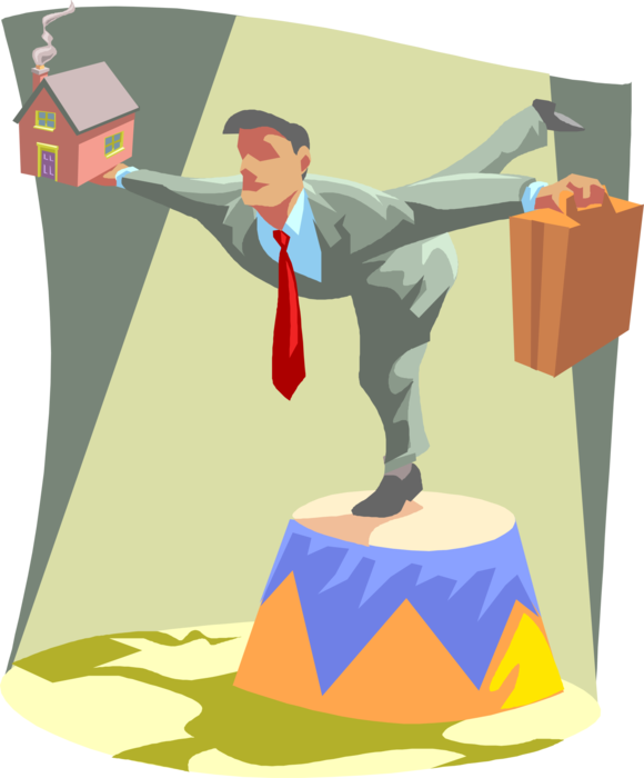 Vector Illustration of Businessman Balancing Home and Work Commitments and Responsibilities