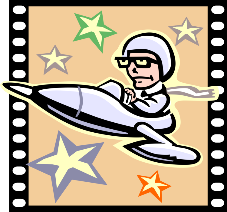 Vector Illustration of Science Fiction Movie Film with Outer Space Spaceship and Astronaut