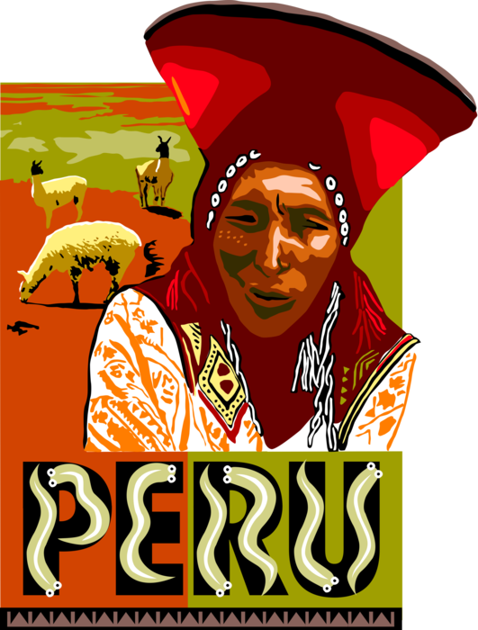 Vector Illustration of Peru Postcard Design with Native Dress and llamas