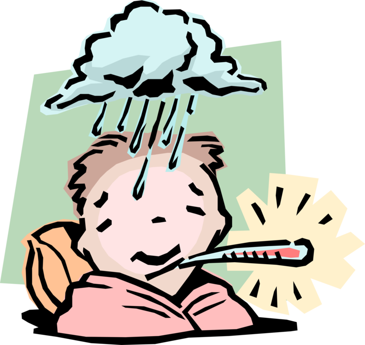 Vector Illustration of Boy Feeling Under the Weather Idiom Running Temperature