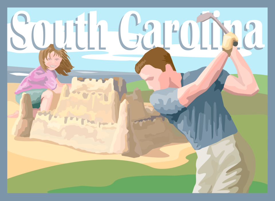 Vector Illustration of State of South Carolina Postcard Design with Golf and Sand Castle
