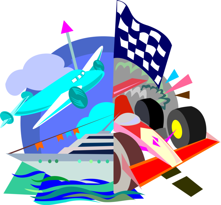 Vector Illustration of Propeller Airplane, Formula One Race Car with Checkered or Chequered Flag and Cruise Ship