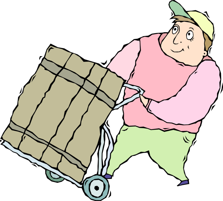 Vector Illustration of Warehouse Worker with Handcart Dolly Delivers Shipping Case to Loading Dock