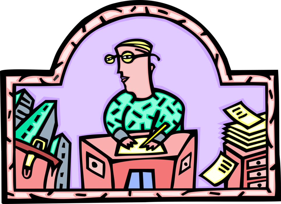 Vector Illustration of Office Worker Working at Desk with Paperwork