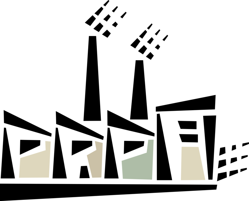 Vector Illustration of Industrial Manufacturing Factory Building with Smokestack Pollution