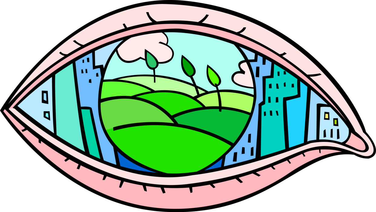Vector Illustration of Eye Sees Urban Development City and Nature with Green Country Fields