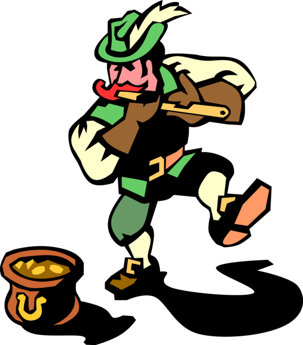 Vector Illustration of Irish Mythology Leprechaun Plays the Flute with Pot of Gold Coins