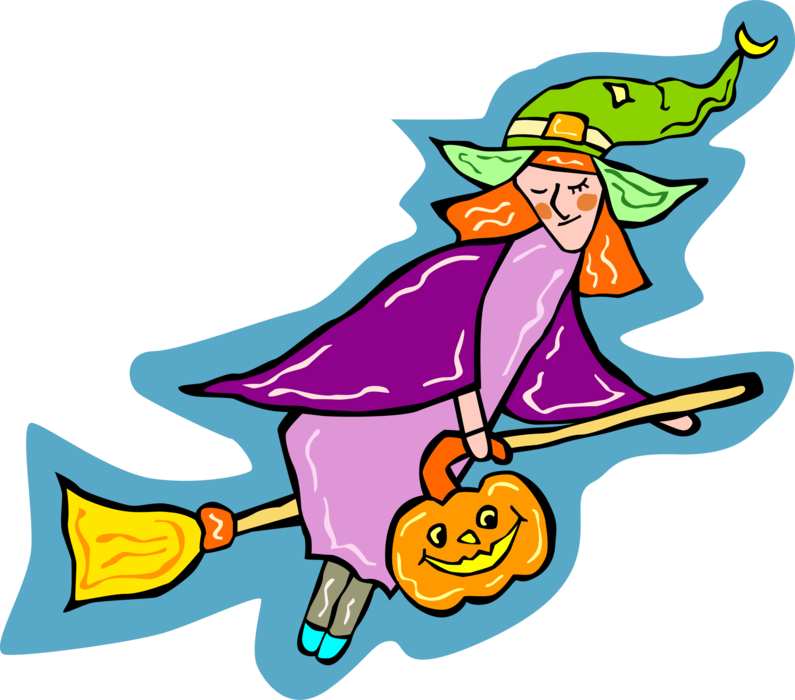 Vector Illustration of Halloween Sorceress Witch Flying on Broomstick