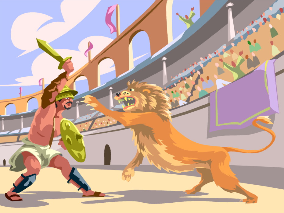 Vector Illustration of Ancient Rome Gladiator Fighting African Lion in Colosseum and Roman Forum
