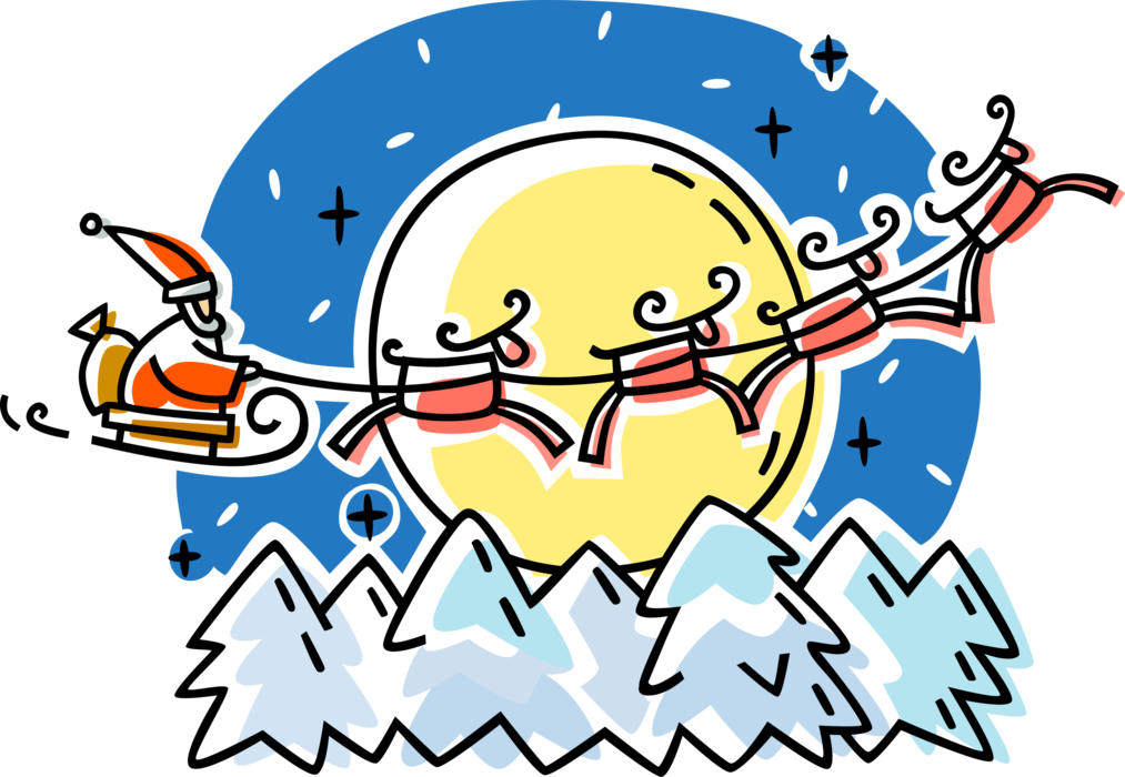 Vector Illustration of Santa Claus in Christmas Sleigh with Reindeer, Full Moon, and Snow Covered Trees