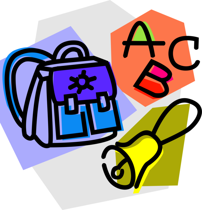 Vector Illustration of Student Knapsack Schoolbag with School Bell and Learning ABC's