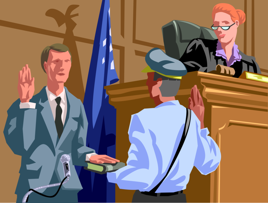 Vector Illustration of Court Bailiff Legal Officer Swears in Witness in Legal Courtroom with Presiding Judge