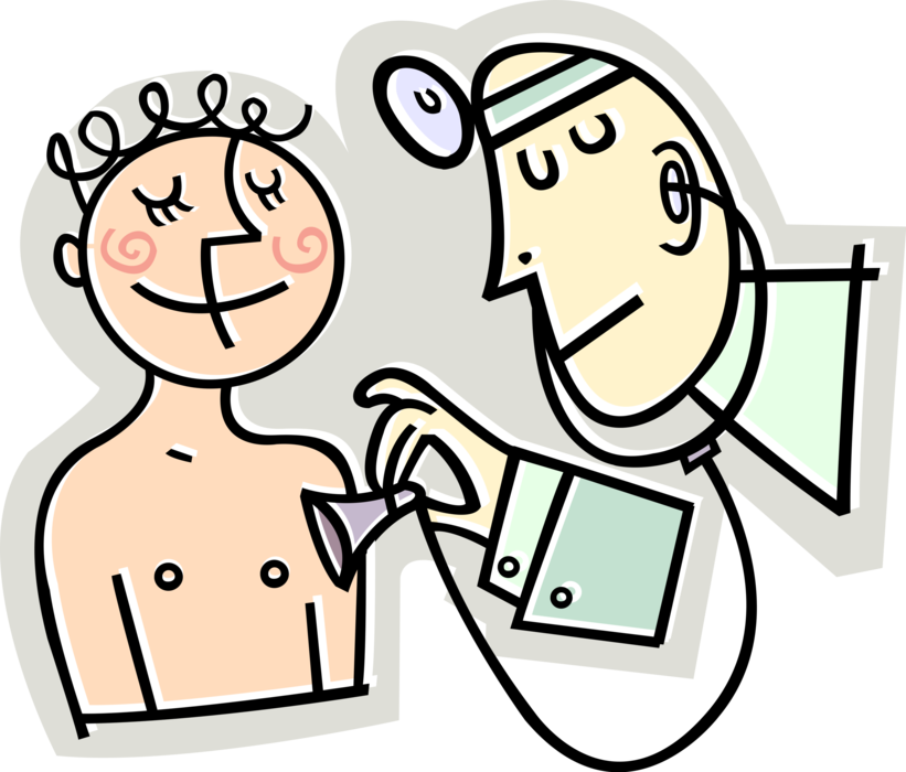 Vector Illustration of Health Care Professional Doctor Physician with Patient Listens to Heartbeat with Stethoscope