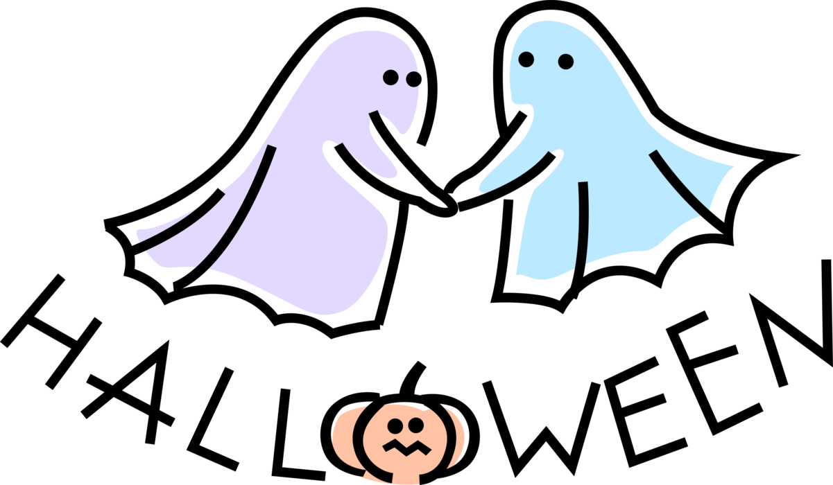 Vector Illustration of Halloween Ghosts and Goblins with Carved Pumpkin