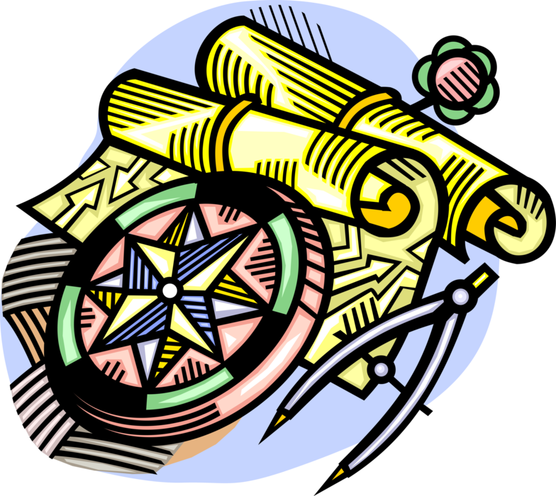 Vector Illustration of Seafaring Mariner's Navigation Charts and Compass Rose with Measurement Compass