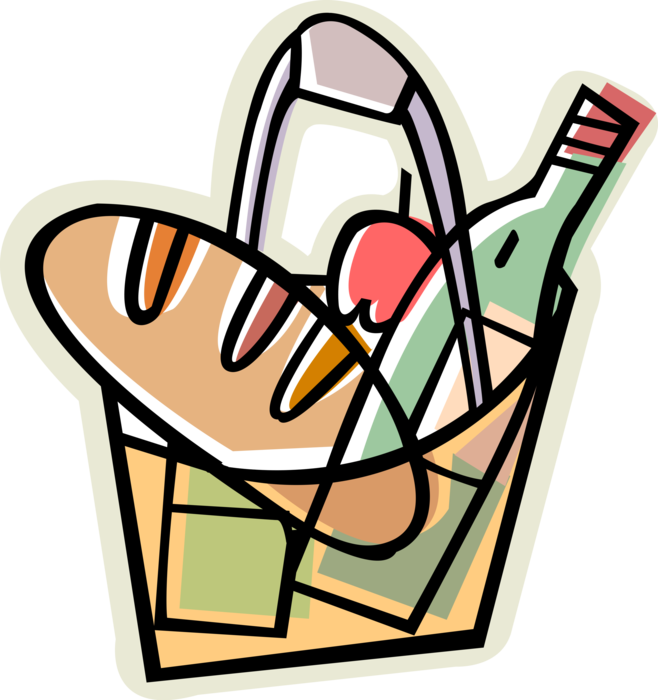 Vector Illustration of Bag of Groceries with Baked Bread and Bottle of Wine