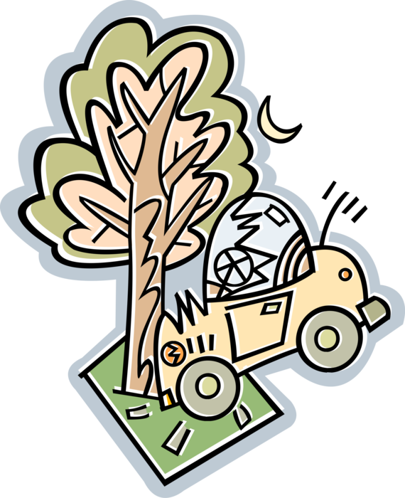 Vector Illustration of Automobile Car Accident Vehicle Crashes into Tree