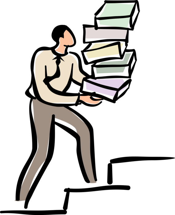 Vector Illustration of Businessman Walks Up Stairs with Stack of Business Project Binders