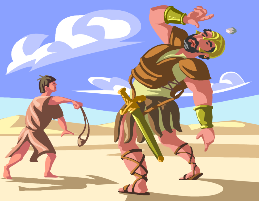 Vector Illustration of David and Goliath Giant Philistine Warrior Defeated by David King of Israel Biblical Story