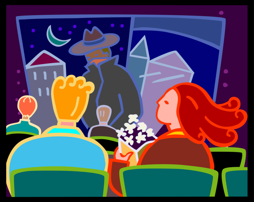 Vector Illustration of Date Night at Movie Theater Theatre with Romantic Sweethearts Enjoying Popcorn