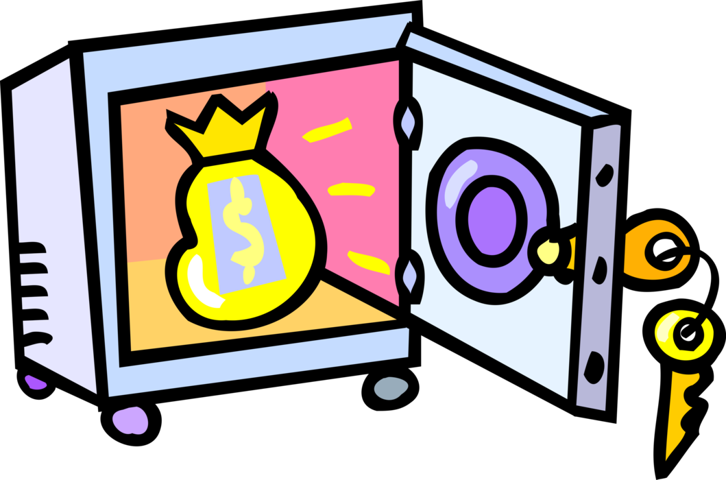 Vector Illustration of Financial Bank Institution with Vault Safe Overflowing with Bag of Money Dollars
