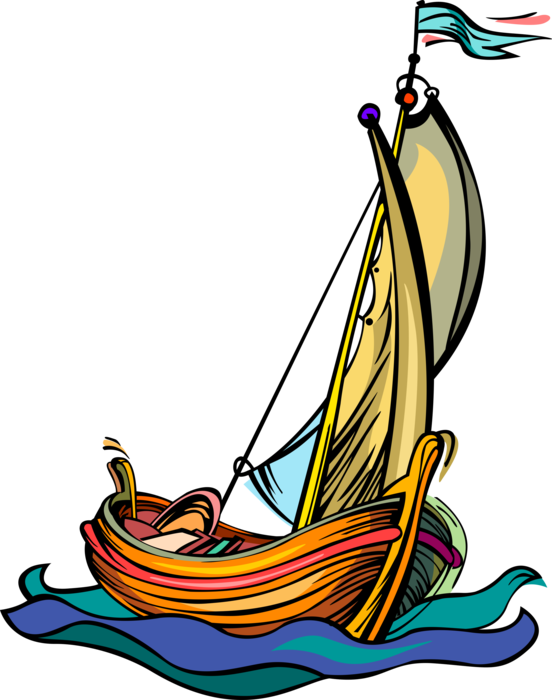 Vector Illustration of Sailboat Sailing on Water with Sails