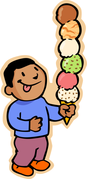 Vector Illustration of Primary or Elementary School Student Boy with Six-Scoop Ice Cream Cone
