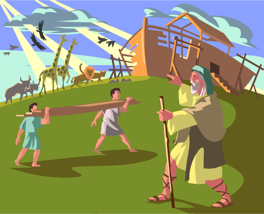 Vector Illustration of Noah Building the Ark, Animals Two by Two Biblical Story