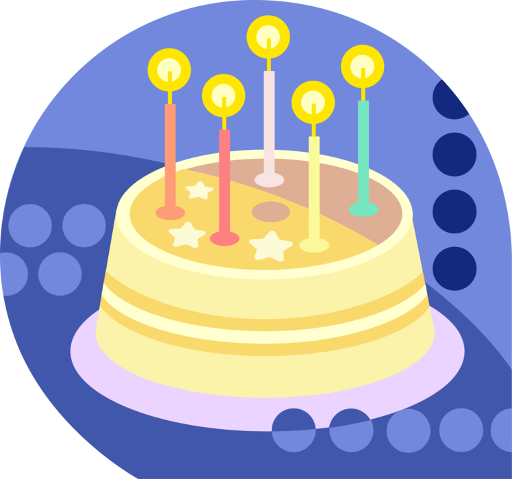 Vector Illustration of Dessert Pastry Birthday Cake with Lit Candles