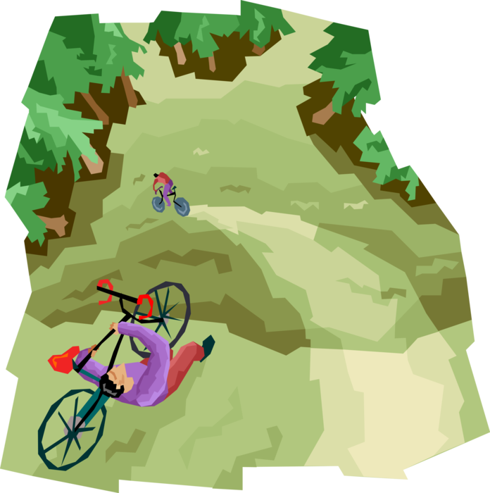 Vector Illustration of Mountain Biking Cyclist Rides Down Steep Forest Terrain