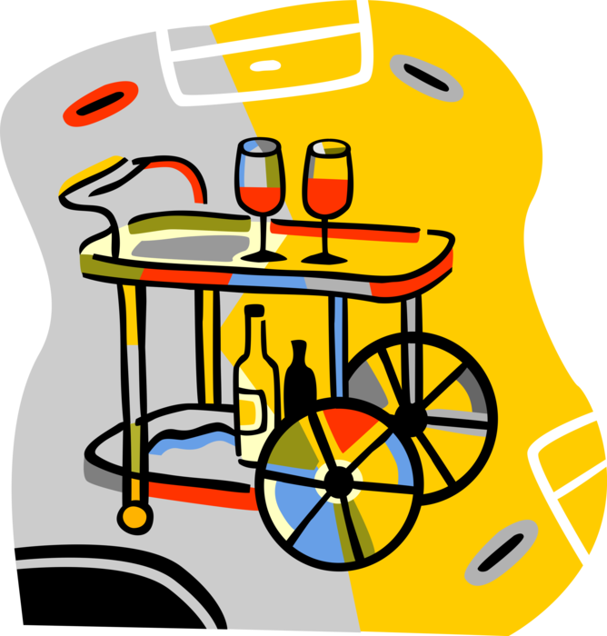 Vector Illustration of Alcohol Beverage Drink Cart with Wine Glasses and Bottles