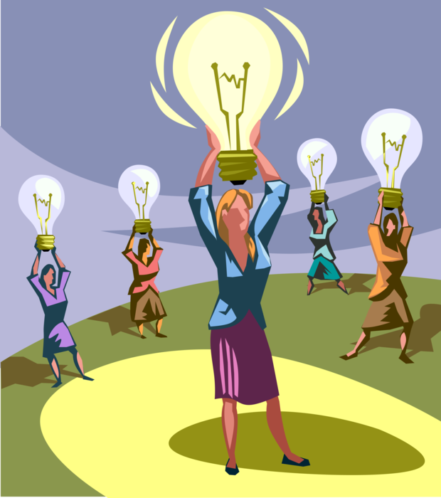Vector Illustration of Businesswomen All Have Good Idea Electric Light Bulbs 