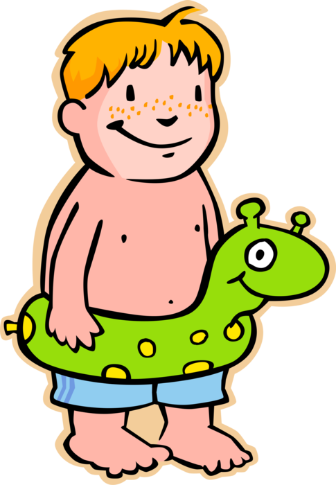 Vector Illustration of Primary or Elementary School Student Boy with Inflatable Air Dinosaur Toy Around Waist