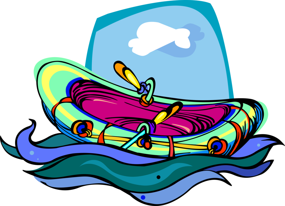 Vector Illustration of Inflatable Rubber Dinghy Boat in Waves with Rowing Oars