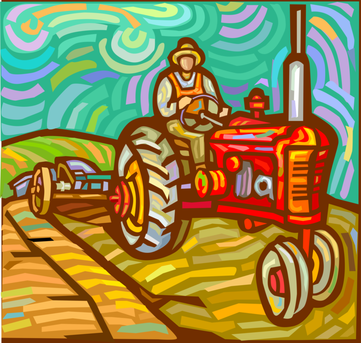 Vector Illustration of Farmer Ploughing or Plowing Fields with Farm Equipment Tractor