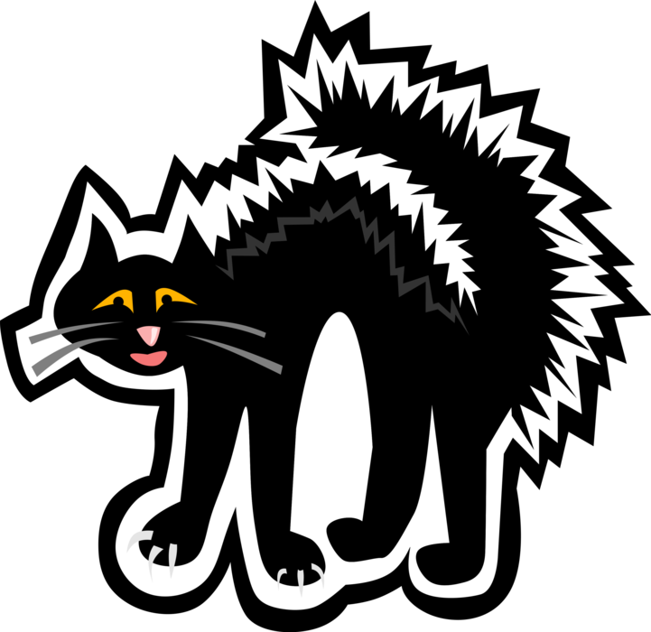 Vector Illustration of Halloween Black Cat Associated with Witchcraft, Ill Omens, and Death Reacts in Fear