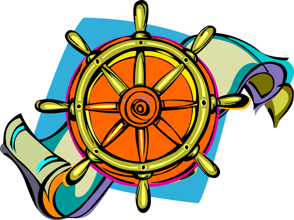 Vector Illustration of Ship's Helm Wheel or Boat's Wheel Steers Ship and Changes Vessel's Course