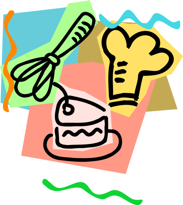 Vector Illustration of Baker's Hat with Cake and Kitchen Whisk Cooking Utensil