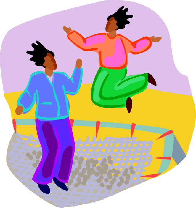 Vector Illustration of Kids Playing and Jumping on Trampoline
