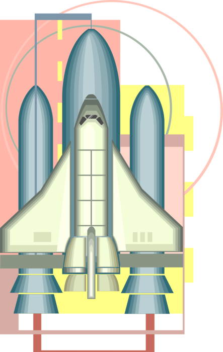 Vector Illustration of United States NASA Space Shuttle on Launch Pad Ready to Blast Off
