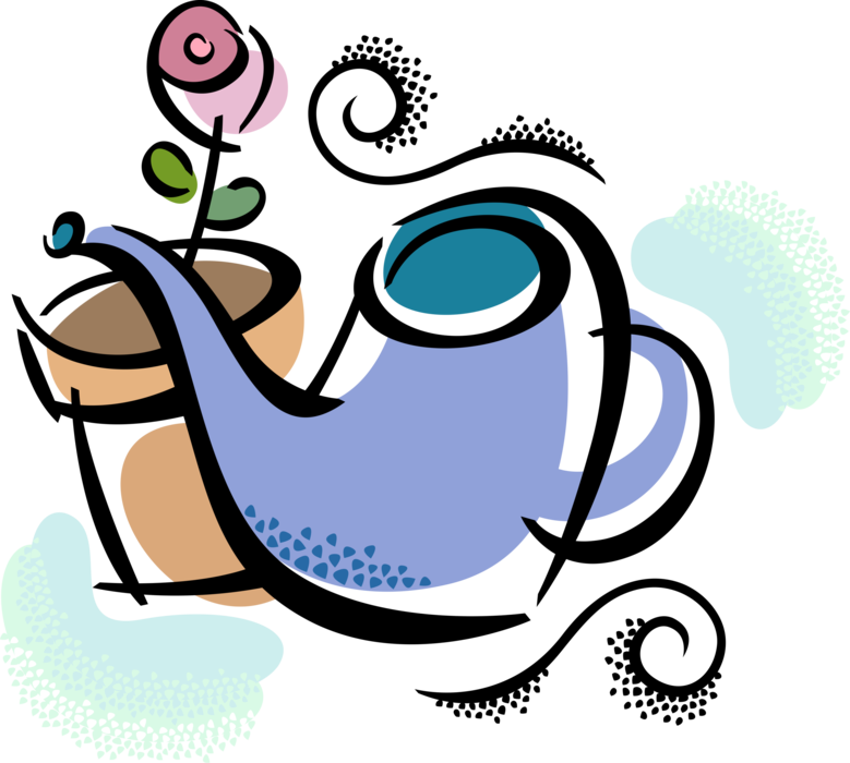 Vector Illustration of Garden Flower with Watering Can or Watering Pot Portable Container to Water Plants