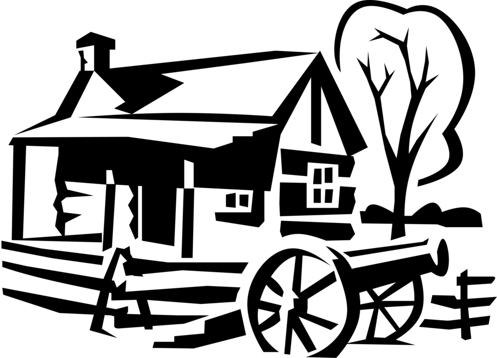 Vector Illustration of Civil War Cabin House with Military Artillery Cannon