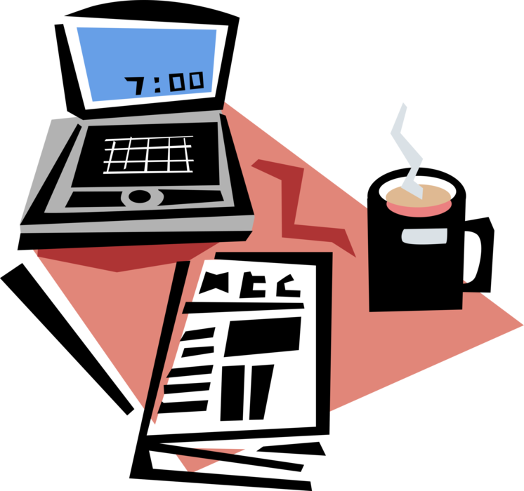 Vector Illustration of Notebook or Laptop Computer with Newspaper and Morning Coffee